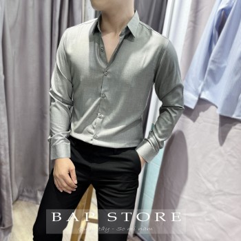 Áo sơ mi nam BAP dài tay xám rêu xanh rêu basic vải sợi tre cotton mát mịn rũ không nhăn form body 2024