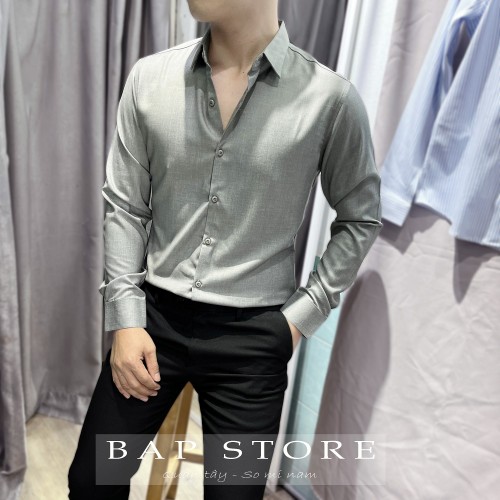Áo sơ mi nam BAP dài tay xám rêu xanh rêu basic vải sợi tre cotton mát mịn rũ không nhăn form body 2024