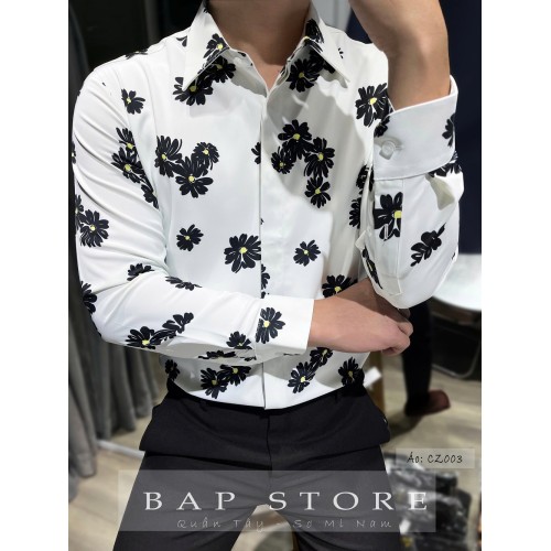 Áo sơ mi họa tiết hoa cúc áo sơ mi hoa cúc G dragon mẫu sơ mi họa tiết hoa trắng đen chất vải không nhăn mềm mịn mẫu mới