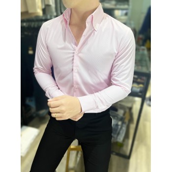 Áo Sơ mi nam dài tay màu hồng sọc vải hàn quốc bảng cổ to button down form dáng hàn vải mát mịn