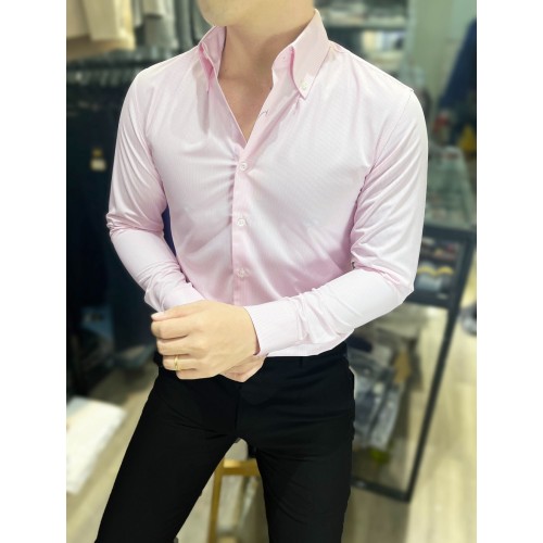 Áo Sơ mi nam dài tay màu hồng sọc vải hàn quốc bảng cổ to button down form dáng hàn vải mát mịn